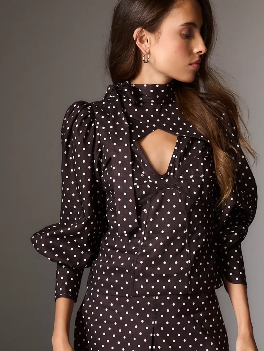 New Anthropologie Lovaan Danielle Linen Blend Polka Dot Long-Sleeve Blouse